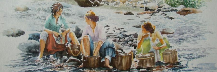 tableau aquarelle jeunes lavandières
